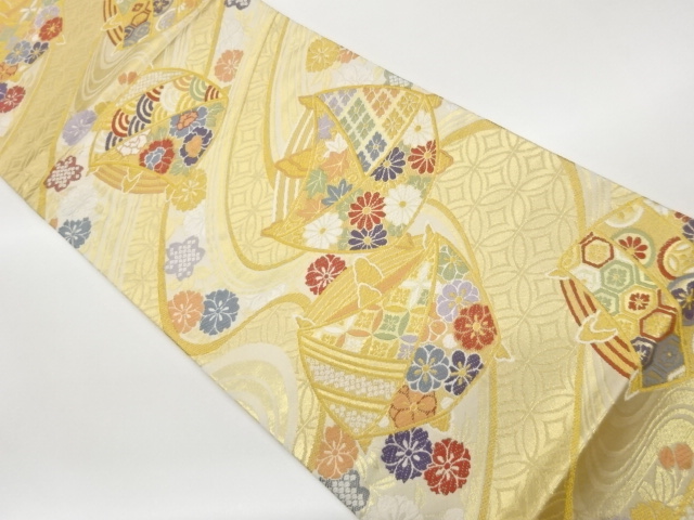 JAPANESE KIMONO / FUKURO OBI / WOVEN SPOOL & FLORAL PLANTS